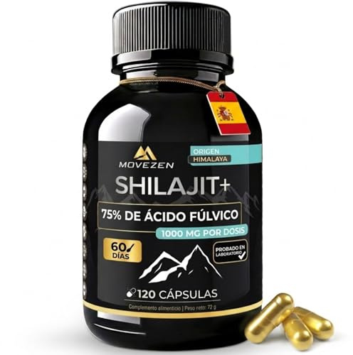 Shilajit+ Cápsulas Movezen, Himalaya, 120 Cápsulas Veganas, Sin Sabor, 1000 mg por Dosis, ≥75% Ácido Fúlvico, 85 Minerales, Hasta 120 Días, Analizado por Eurofins, Calidad Europea (Mumijo)