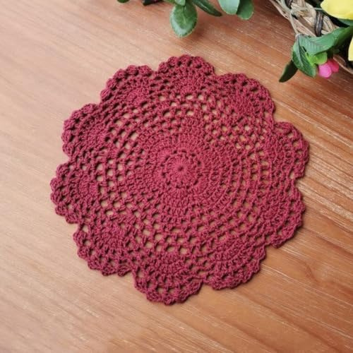 Anevous 6 Stück Gestickte Tischsets, 20 cm Vintage Häkel Spitze Deckchen, Rund Baumwolle Handgemacht Tischmatte, Tischläufer Untersetzer für Küche Esszimmer Dekoration,Weinrot