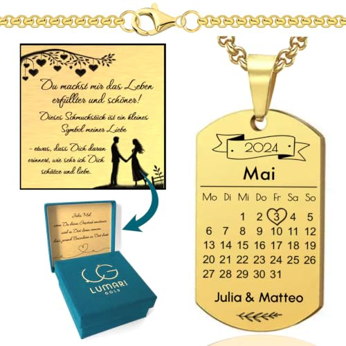 Lumari Gold Personalisierte Dog Tag, Gravur mit Jubiläumsdatum – Herren und Damen – Halsanhänger Halsketten mit Lasergravur, Edelstahl, 25x42 mm, 60 cm Geschenkidee Papa, Partner oder Freunde