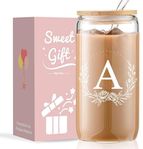 Personalised Birthday Gifts for Women- Initial A-Z Iced Coffee Cup Bride to be Gift for Engage Wedding- 16oz Birthday Gifts for Friend Bestie Colleague Sister (Initial A)