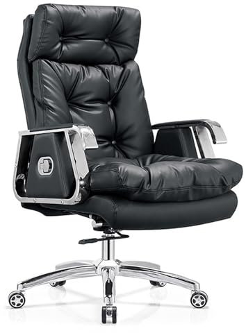 PUFAHAU Ergonomischer Bürostuhl, Chefsessel aus schwarzem Leder, Computerstuhl fürs Chefbüro, höhenverstellbar, Drehstuhl(1-First Layer Cowhide)
