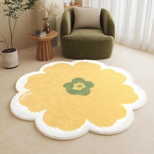 AIMECO Kinderteppich Rund 160CM Weicher Kuscheliger Carpet Wohnzimmer Teppichen Mädchen Schlafzimmer Kinderzimmer Dünn Pflegeleicht Teppiche Motiv gelbe Blume