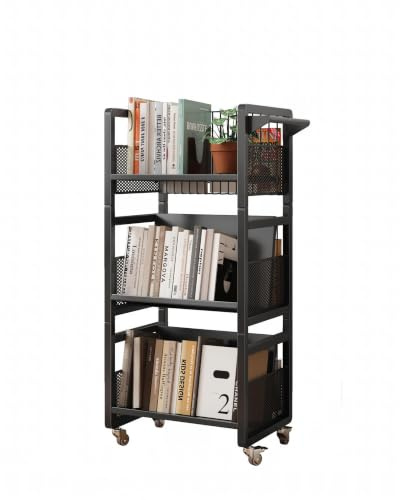 Ornestia Book Trolley,Mobile Bookshelf Organiser with Lockable Wheels,Black | Rolling Bookcase With 3 Magnetic bookends，Book Storage Cart for Library/School/Living Room/Office