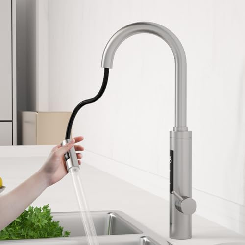 Fudeer Wasserhahn mit Durchlauferhitzer,3.3kW Digital Display Elektrischer Wasserhahn mit 360° Drehung & 10″ ausziehbaren Schlauch und 2 Sprühmodi 220-240V 30-45℃(Silber)