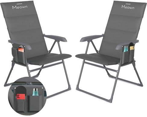 Meown Folding Camping Chairs Set of 2, 5-Position Reclining Garden Chairs | Padded comfort with easy armrest control, side pockets and folding design for relaxing outdoors at home or away