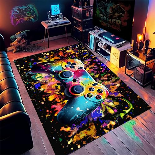 Kuluoits Gaming Controller Teppich, 100x150cm, Abstrakter, Farbenfroher Graffiti-Gamecontroller-Teppich für Kinder Jugendzimmer, rutschfeste Spielmatte für Jungen- und Mädchenzimmer, Wohnzimmer