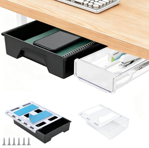 2 Pack 10.91x 8.23 Under Desk Drawer Storage Organizer, Durable PC Material Self-Adhesive with Slide Out Rail, Hidden Hanging Desk Drawer for Office Supplies, Stationery, No Drilling Install, Black