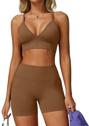 JTSONN Sportset dam ribbad GYM set sport outfit strappy yoga workout fitness set kläder V-ringad rygglös sport bh kombinerade scrunch yoga shorts sömlösa sportkläder tvådelad