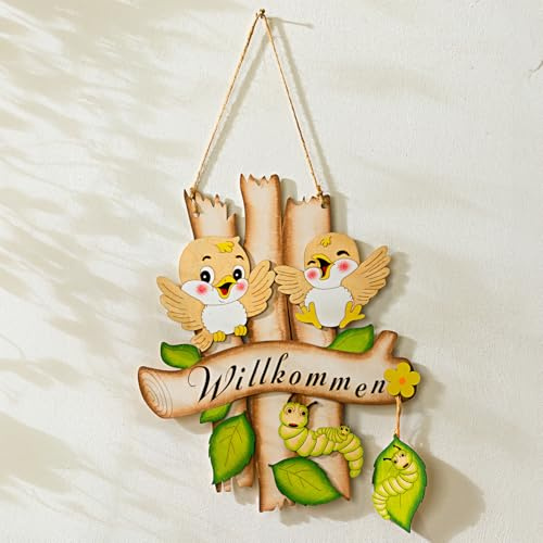3 PAGEN® Willkommensschild aus Holz - Vögel & Raupe mit Willkommensgruß – für Haus- & Wohnungstür – zum Aufhängen – Haustürschild Vögel & Raupe