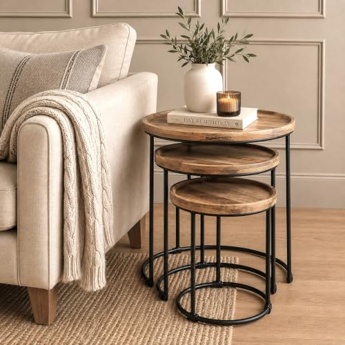 Elm home and garden Round Nest of 3 Three Tables, Solid Wood, natural grains colour, Wide x 54.5cm Deep x 57cm High End Side Lamp Table