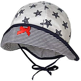 maximo MINI Girl-Hut, weiß-Navy, mit Streifenfutter, Seesternen und roter Schleife, Gr. 45