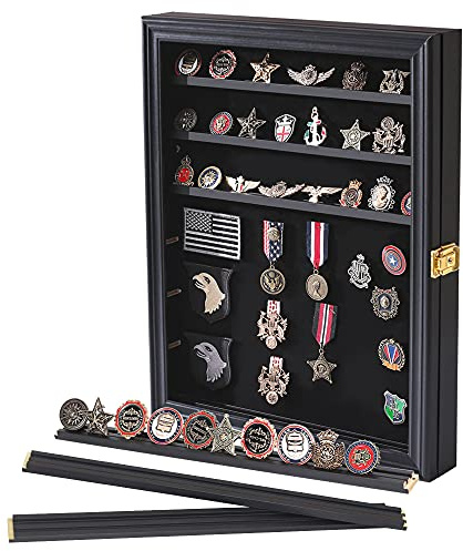 Verani Medals Display Case Wall Frame for Collector, Military Challenge Coins Holder, Pins, Lockable Shadow Box with Removable Shelves Black