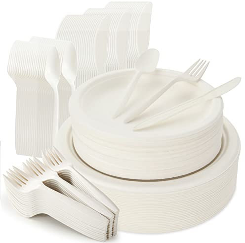 SENENQU 250pcs Disposable Plates and Cutlery Set, Compostable Bagasse Tableware Kit Includes 7 Inch & 9 Inch Paper Plates, Forks, Knives and Spoons for Barbecue Party Camping Picnic
