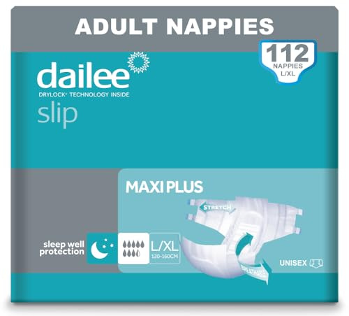 Dailee Slip Maxi Plus L/XL - 112x Couches Adultes - 4 Paquets de 28 Pièces, Fuites Urinaire 8,5 Gouttes - Couche Slip Incontinence Lourde Homme, Femme et Personnes Âgées