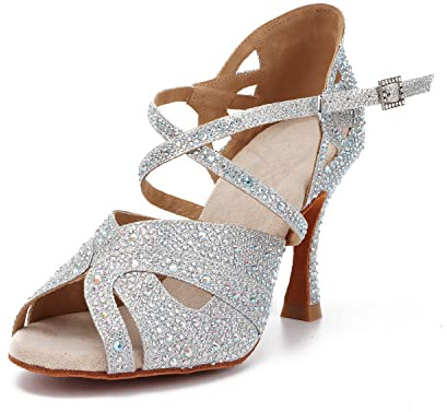 Syrads Scarpe da Ballo da Donna Scarpe da Ballo Latine da Sala da Ballo Sociale Scarpe da Ballo Latine da Donna per Feste da Sera,Argento 9cm Heel,40 EU