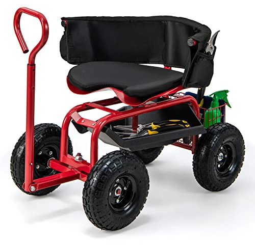 COSTWAY Siège de Jardin Roulant pour Travail avec Poignée Extensible, Chariot Jardinage avec Siège Pivotant à 360° Plateau Panier de Rangement Coussin Charge 135KG, pour Pelouse Atelier