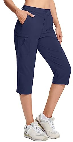 MAGCOMSEN Cargo Joggers for Women Lightweight Quick Dry Ladies Capri Hiking Pants Stretch Drawstring, Navy, L