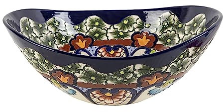Cerames Juanetta Prima - Aufsatzwaschbecken mit Relief verziertes, Mexikanisches Talavera-Becken mit bootsförmigem Relief | 46 x 38 x 15 cm Aufsatzwaschtisch aus Mexiko für rustikales Bad, Küche