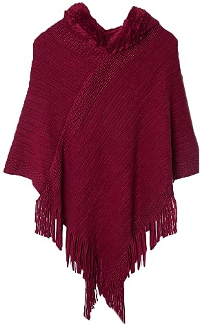 JFAN Poncho Donna Invernale Mantello Scialle con Cappuccio Elegante Maglione Poncho Mantelle con Frange Scialle con Frange Taglia Unica Borgogna