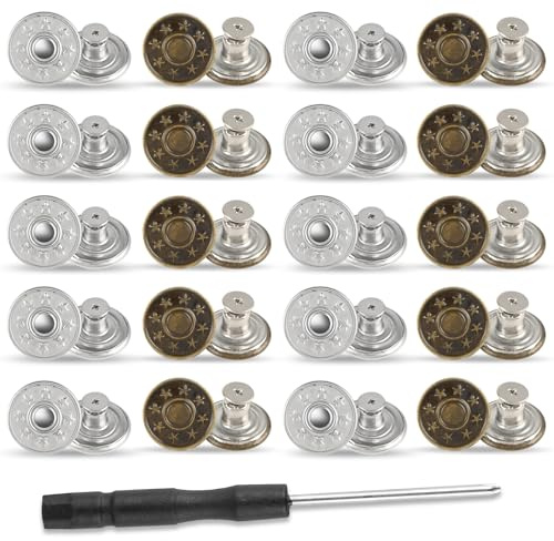 Amaxiu 20 PCS Jeans Buttons, 20mm No Sew Button Replacement for Loose Trousers, Metal Reusable Adjustable Pants Button Tightener