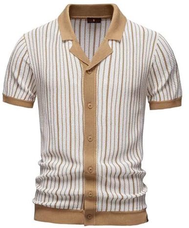 Polo pour homme à manches courtes - T-shirt rétro tricoté à rayures des années 70 - Vintage - Manches courtes - Boutonnage - Vêtement d'affaires - Polo en tricot à manches courtes, kaki, XL