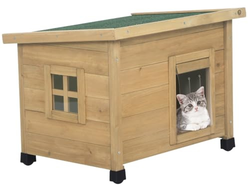 Agitron Holz-Katzenhaus für den Außenbereich mit wasserdichtem Asphaltdach, geeignet für Welpen und kleine Tiere (Naturholz)