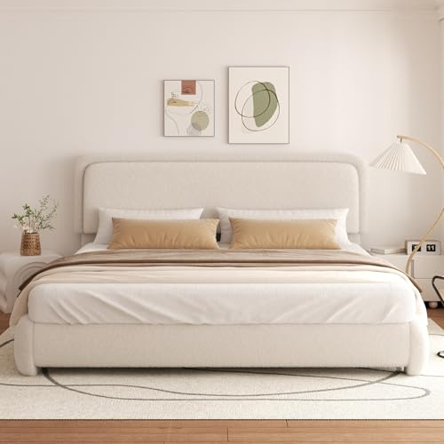 viplov Polsterbett 180 x 200cm,Doppelbett,höhenverstellbarem Kopfteil Bettrahmen,Bett mit Lattenrostmit,Teddystoff,Geeignet für Schlafzimmer,beige