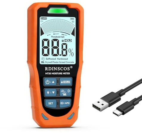 RDINSCOS Pinless Moisture Meter, 6-in-1 Moisture Detector Non-Destructive Moisture Tester for Wood,Drywall, Plaster, Concrete, Screed & Flooring with Audible Alarm & Rechargeable Battery