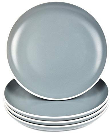 YöL Set of 4 Side Plates Solid Grey Dessert Dinner Round White Rim Stoneware