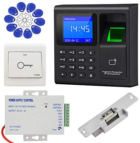 KDL Complete RFID Access Control System Fingerprint Access Controller Keypad, DC12V / 3A Power Supply Transformer, NO Type Electric Strike Lock with Door Switch Button, 125KHz ID Cards Keychains