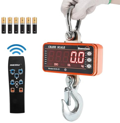 Bonvoisin Digitalkranwaage Industrielle Schwere Federungswaage mit Fernbedienung Tragbare Elektronische Waage 5 LED-Anzeige (Orange,1000kg)