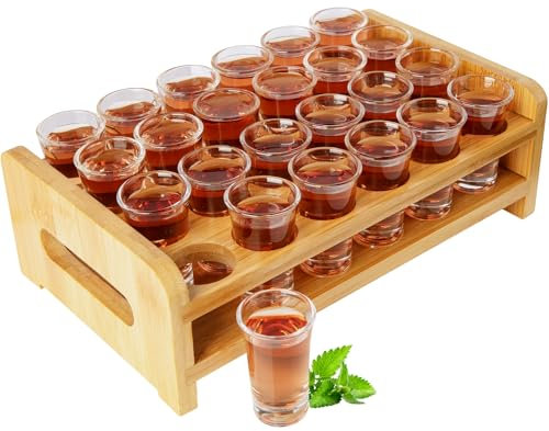 Juego de vasos de chupito, soporte de cóctel de madera y vaso de chupito, organizador de mesa de servir bebidas, 24 agujeros con transparente, 24 piezas de 15 ml -20ml para bebidas