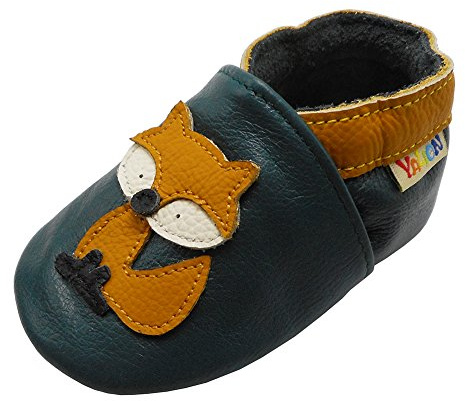 YALION Baby Junge Mädchen Weicher Leder Lauflernschuhe Krabbelschuhe Babyhausschuhe mit Wildledersohlen((18-24 Monate, Dunkelgrün Fuchs-09)