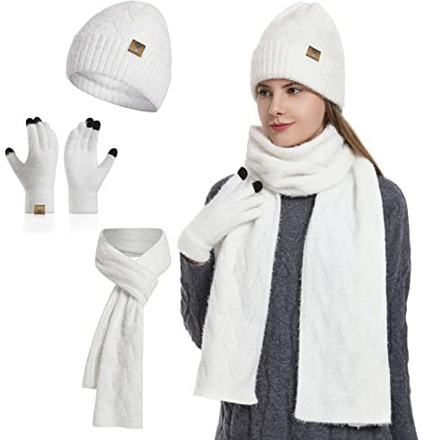 INSISMY Mütze Schal Set und Handschuhe für Damen Beanie Mütze Winter mit Fleecefutter and Touchscreen Handschuhe Langer Schal 3 in 1 Set