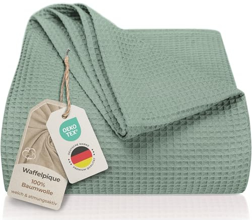 LAYNENBURG Copriletto 240 x 260 cm XXL - Waffle Pique 100% Cotone - Coperta Estiva Leggera - Coperta di Cotone Come Coperta da Letto, Coperta da Divano, Coperta ariosa da Divano (Verde menta)