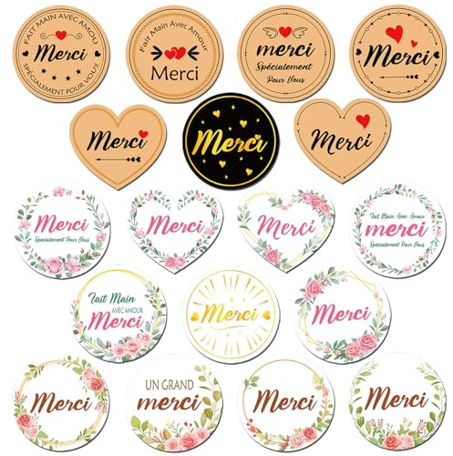 DPKOW 144pcs Merci Autocollants d'Étiquette pour Cadeaux Sacs Boîtes, Fait Main avec Amour Autocollants pour Enveloppe Emballage Sceau, Spécialement pour Vous Merci Stickers pour Mariage Communion