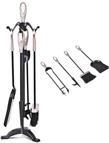 GiantexUK 5-Piece Fireplace Companion Set, Wrought Iron Fire Place Tools Set with Stand, Tong, Shovel, Brush & Poker, Fireside Wood Burner Coal Stove Accessories (Sliver+Black, 4 Hooks, 3-Point Base)
