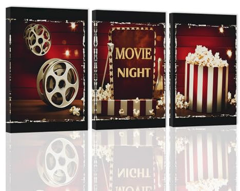 ZXHYWYM Film Wandbild 3 teilig Filmschild Leinwanddruck schwarz und rot Film Popcorn Gemälde modernes Heimkino Raum Medien Kino Wanddekoration mit Rahmen (50x70cmx3)