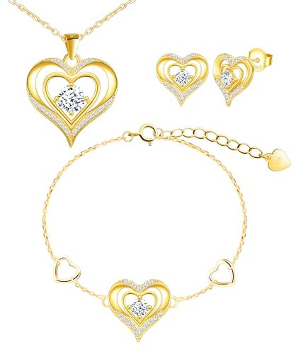 CONILOK Damen Schmuck Herz Kette Armband Ohrstecker Silber 925 Sets Zirkon Love Charms Anhänger Halskette Kleine Geschenke für Frauen Freunde Mädchen Geburtstag Weihnachtstag Valentinstag Gold