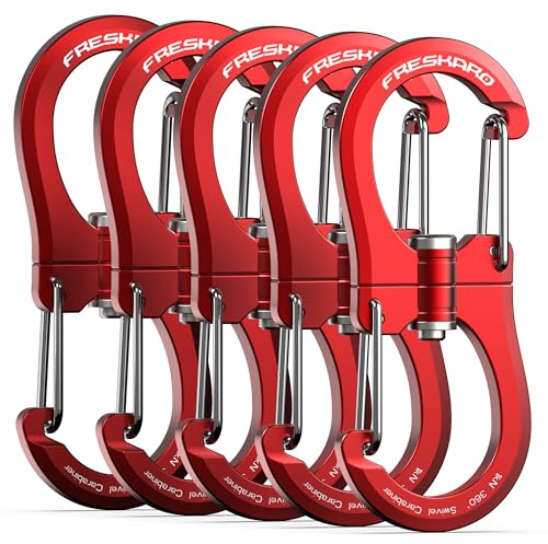 FresKaro 1kN Swivel Carabiner Clip, Heavy Duty Double-Ended Wire gate Carbineers, Small Non Locking Carabiners for Keys, Keychain, Hiking, Camping, Golf Bag, Water Bottle, Backpacking, Red, 5pcs