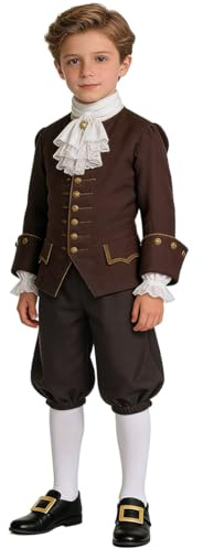 BPURB barn kolonial kostym pojkar medeltida pirater cosplay kostym renässans kostym ridbyxor (byxor med knähöga vita strumpor och gyllene skospänne), BRUN, 14 År