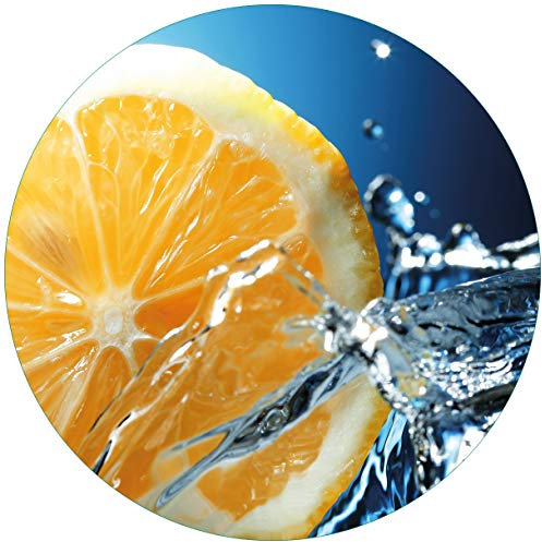 Wallario Glasbild rund Orange in spritzigem Wasser vor blauem Hintergrund - Rund, 50 cm Durchmesser Wandbild Glas in Premium-Qualität: Brillante Farben, freischwebende Optik