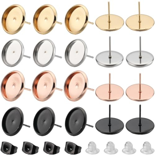SUNNYCLUE 1 Box 40 Stück 4 Farben 12 mm Ohrring Rohling Ohrstecker Aus Kunstharz Lünettenschale Cabochon Fassung Mit 50 Stück Silikon Ohrmuttern Ohrstecker Aus Edelstahl Zur Schmuckherstellung