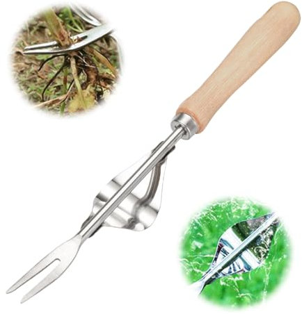 Kidmis Unkrautstecher Edelstahl, 2024 Neue Unkrautstecher Garden, Unkrautstecher Gardena Gartenarbeit Hand Unkrautstecher, Gartenarbeit Gabel mit Naturholzgriff für Graben Jäten Lösen (1pcs)