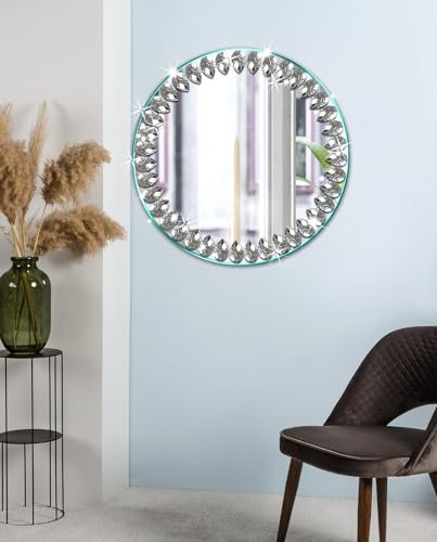 EONAZE Runder Spiegel Rund Glas HD Dekorative Wandspiegel Spiegelfliesen Selbstklebend Türspiegel mit Kristall Klebespiegel Für Wand Schminktisch Bad Wohnzimmer Flur Schlafzimmer (25x25cm)
