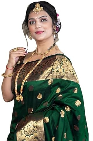 C J Enterprise Women's Pure Banarasi Silk Saree Kanjivaram Style Saree With Blouse Piece For Wedding (Vruksh), Dark Green, One Size