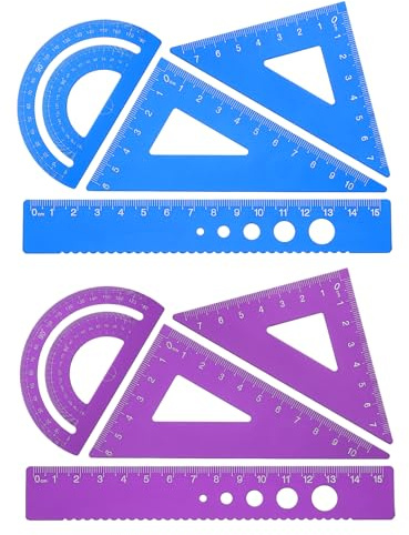 PATIKIL Set di Squadra Triangolare, Righello Metrico da 15cm in Alluminio, Squadra Triangolare 45°60° e Goniometro, 8Pz, Blu/Viola