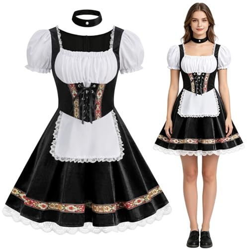 HAPNBCELE Oktoberfest Costume for Womens, German Dirndl Dress Puff-Sleeves Traditional Bavarian Carnival Halloween Outfits (Black, X-Large)