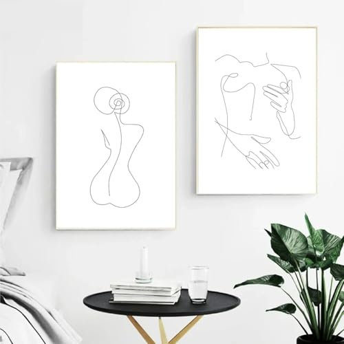 AINIBPO Nackte Frau, Gemälde, abstrakt, einzeilige weibliche Figur, Wandkunst, Leinwand, Poster, Drucke, minimalistische Bilder, Heimdekoration, 60 x 80 cm x 2, rahmenlos