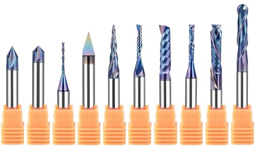 SpeTool 10PCS TAC Coated CNC Router Bit Set 1/4 Inch Shank, Solid Carbide CNC Router Bits & End Mills for Woodworking Trimming Engraving Carving Sign Making Slotting—for Wood, Plastic and Aluminum